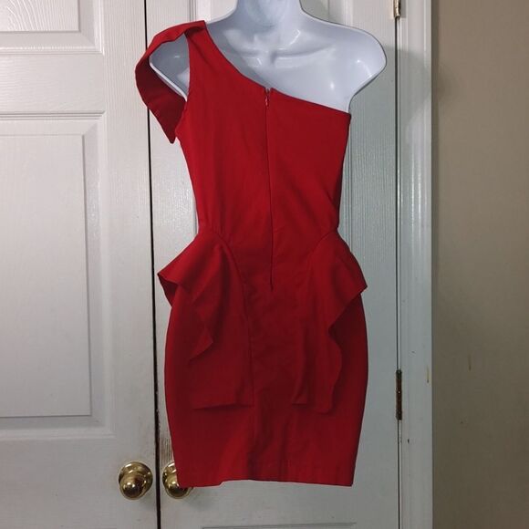 Monaco red one shoulder fitted sexy little red mini dress Sz L - Picture 4 of 6